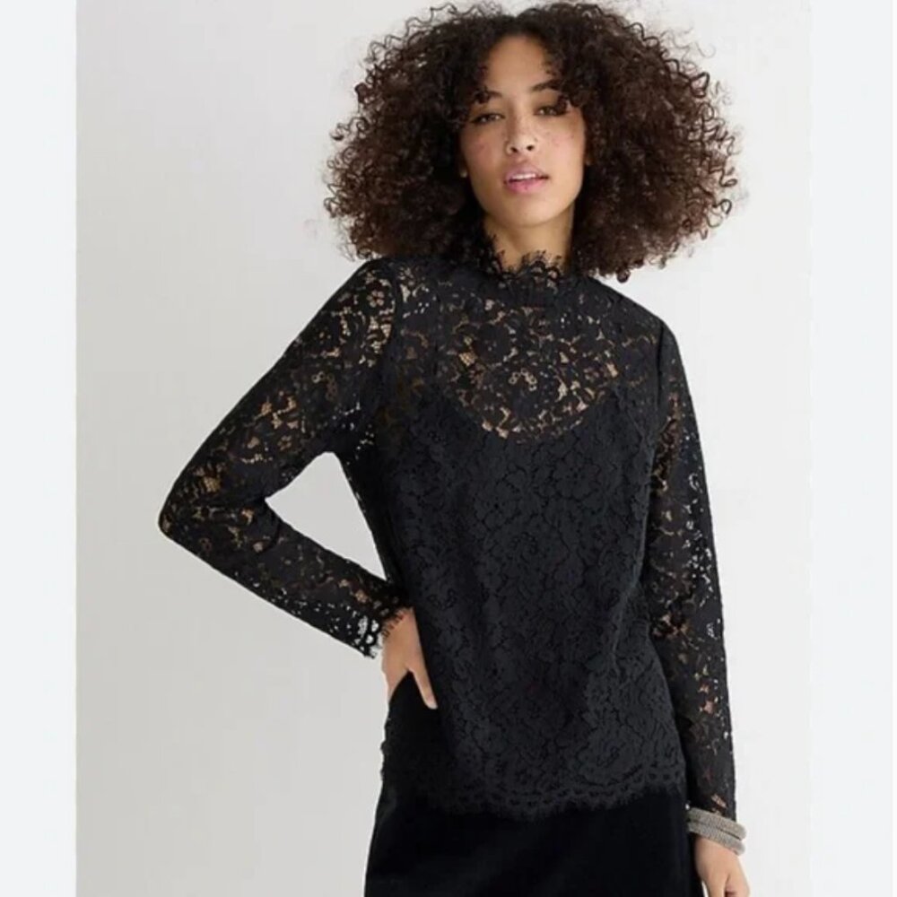 Jcrew Black Scalloped lace mockneck top size 00